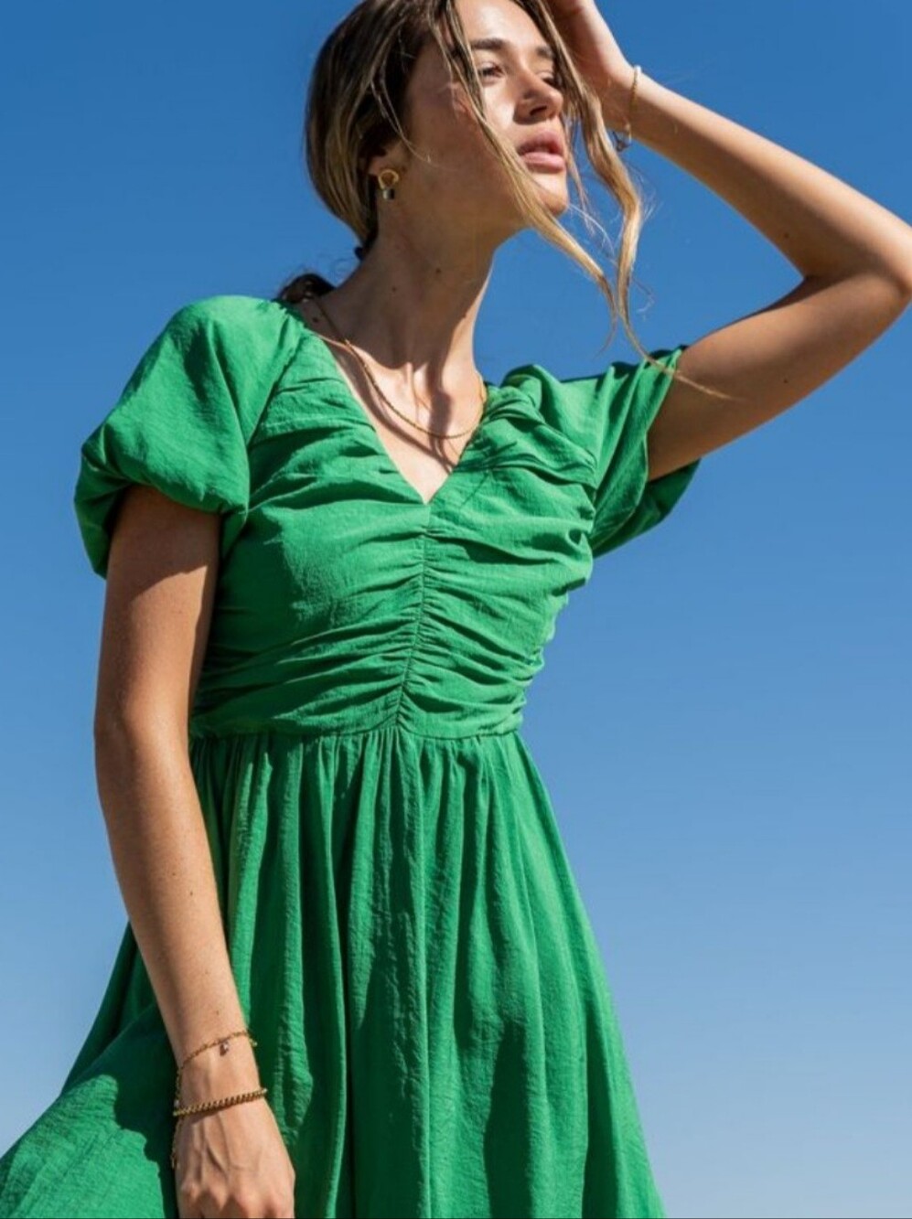 NWTs Bohme Green Ruched Puff-Sleeve Baby Doll Style Mini Dress